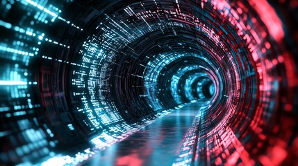 Fototapeta premium A futuristic digital tunnel with swirling lights and vibrant colors, representing technology and innovation.