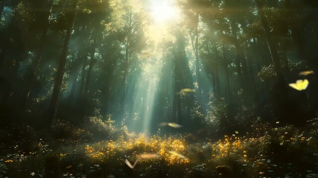 Majestic fantasy forest bathed in the golden light of the soaring sun, where ancient trees stand tall amidst a tapestry Seamless looping 4k time-lapse virtual video animation background