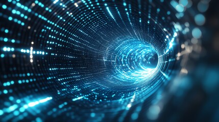 Obraz premium A mesmerizing digital tunnel filled with glowing blue particles, showcasing technology and depth in a futuristic setting.