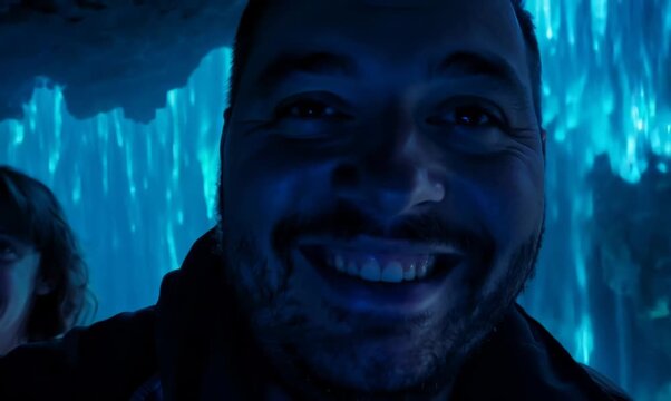 Close-up portrait video of a pleased man in his 40s that is smiling with friends at the Waitomo Glowworm Caves in Waikato New Zealand