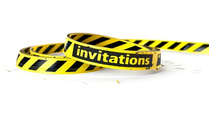 Bright yellow and black caution tape labeled 'invitations', representing event or meeting notices. Clean and minimalistic style. Use for event announcements, parties, or other formal invitations. AI