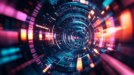 Obraz premium A vibrant digital tunnel showcasing colorful light trails, creating a mesmerizing sense of motion and depth in a futuristic design.