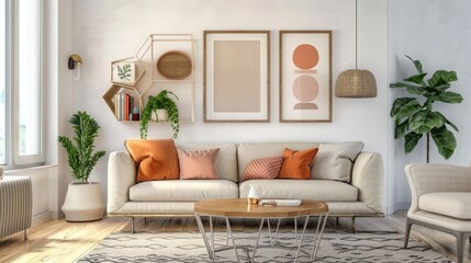 Living room design with poster frame, sofa, plants, coffee table, lamp, rug, pillows, and decor.
