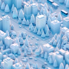 Fototapeta premium Minimalist Cityscape with Snow Covered Buildings and Trees.