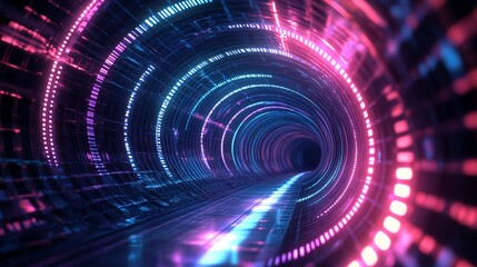 Obraz premium A vibrant, glowing tunnel with illuminated lines, showcasing a futuristic journey through colorful light patterns.