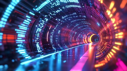 Obraz premium A vibrant, futuristic tunnel of lights and colors, showcasing technology and motion in a captivating digital environment.