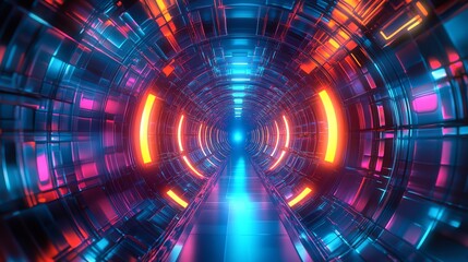 Fototapeta premium A vibrant, futuristic tunnel illuminated with neon lights, showcasing an abstract design and dynamic, glowing colors.