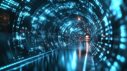 Obraz premium Futuristic digital tunnel with glowing blue lights, creating a sense of motion and advanced technology.