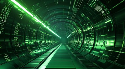 Futuristic green tunnel with glowing elements, showcasing a high-tech environment and vibrant digital aesthetics.