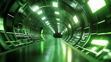 Obraz premium Futuristic tunnel illuminated with green lights, featuring sleek metallic walls and a long pathway, evoking a sense of adventure.