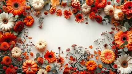 A decorative border featuring a vibrant floral display and pumpkins for autumn-themed greetings.