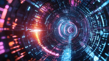 Obraz premium Futuristic tunnel visual with vibrant neon lights and swirling patterns, creating a mesmerizing digital experience.