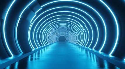 Futuristic tunnel with glowing neon lights, creating a vibrant, immersive pathway that leads into the unknown.