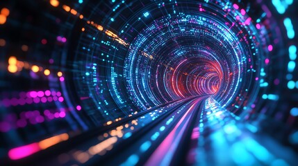 Obraz premium Futuristic tunnel with illuminated patterns, conveying a sense of speed and technology in vibrant neon colors.