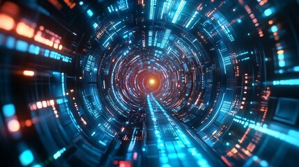 Fototapeta premium Futuristic tunnel with glowing lights and data streams, conveying a sense of speed and technology innovation.