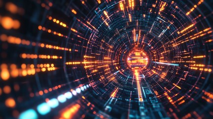 Futuristic tunnel with vibrant lights, representing technology and motion in a digital world. Ideal for sci-fi or tech projects.