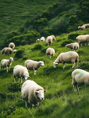 Fototapeta premium A herd of sheep grazed contentedly on the vibrant green slope.
