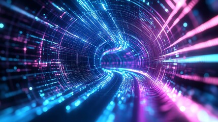 Obraz premium Vibrant tunnel of light showcasing dynamic motion and glowing particles, ideal for illustrating technology and innovation.