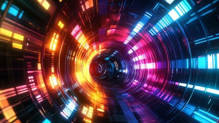 Obraz premium Vibrant tunnel of light with colorful patterns, ideal for illustrating technology, motion, and futuristic themes.