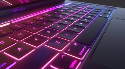 Closeup view of laptop keyboard in neon light