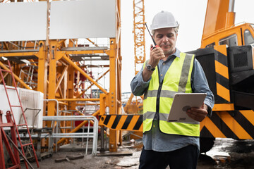 Caucasian mature engineer man worker use tablet computer and walkie talkie working with crane truck and spare crane background	