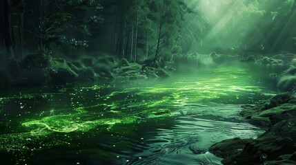 A serene river flows through a lush forest, illuminated by soft light, creating a magical and tranquil atmosphere.