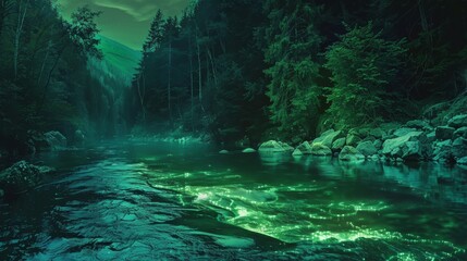 Obraz premium A serene river glowing in green hues, surrounded by lush forests and a mystical atmosphere, perfect for nature enthusiasts.