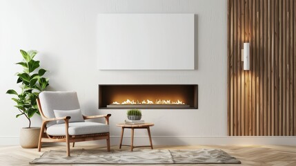 Cozy living room interior with comfortable armchair and modern electric fireplace