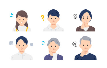 ネガティブな高校生･中年･シニアの上半身セット【人物ベクターイラスト素材】