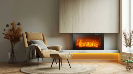 Cozy living room interior with comfortable armchair and modern electric fireplace