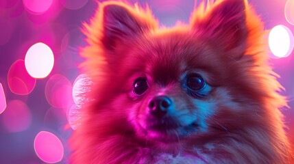 Obraz premium A Pomeranian with an abstract neon background, vibrant lights and glowing patterns, creating a futuristic and energetic scene, hd quality, natural look. --ar 16:9 --v 6.0 --s 250 --style raw