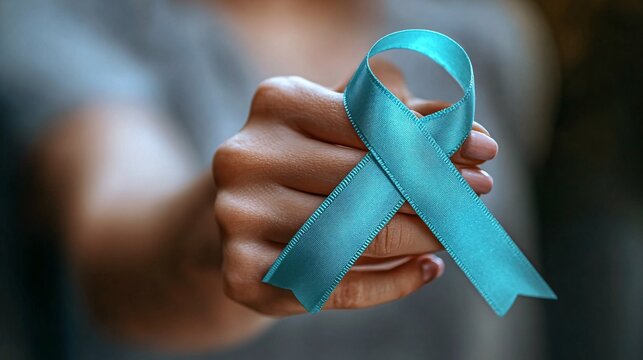 Close-up of a woman's hand with a teal ribbon, highlighting ovarian cancer and PCOS awareness for health advocacy.