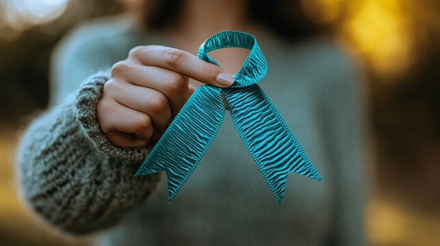 Close-up of a woman's hand with a teal ribbon, highlighting ovarian cancer and PCOS awareness for health advocacy.