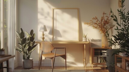 Cozy workplace interior at home with frame mockup