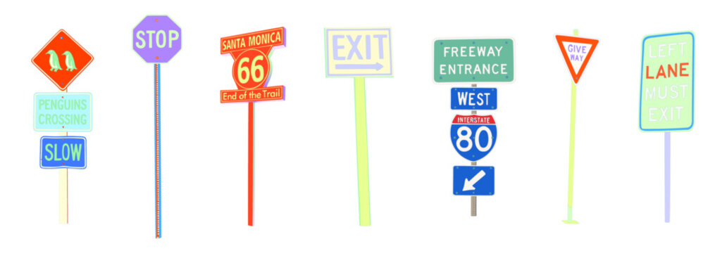 Vector Set of Road Signs - penguins crossing, stop, route 66, exit, freeway entrance, give way, left lane must exit Illustrated Design Elements