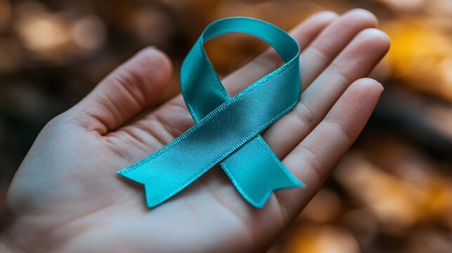 Teal ribbon on a woman's hand, showcasing support for ovarian cancer and PCOS awareness, with a focus on health advocacy.