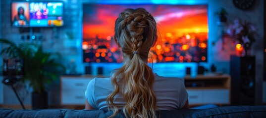 Fototapeta premium Woman relaxing on couch, watching tv in cozy evening setting for a comfortable atmosphere