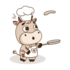 Cute baby chef cow preparing pancake in a frying pan. Kawaii little cow cook mascot character. Cartoon vector illustration