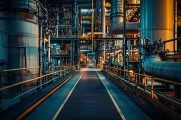 Fototapeta premium Interior pipeline design in industrial plant, Perspective view of industrial factory concept.