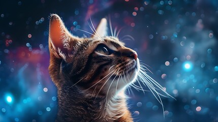 A Savannah Cat with an abstract cosmic background, swirling galaxies and stars in deep blues and purples, creating a mystical and otherworldly vibe, hd quality, natural look. --ar 16:9 --v 6.