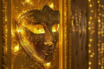 Obraz premium Golden mask hanging on a sophisticated wall, bathed in golden lighting, creating a rich and opulent ambiance that highlights the intricate details of the mask