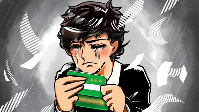 少ない預金残高を見て絶望し号泣する少女漫画風男子とお札が吹き飛ぶ大雨背景