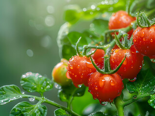 Cherry tomatoes on a branch in droplets of water. Neural network AI generated art