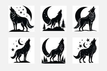 Elegant minimal wolf silhouette on white background artwork set for wall art
