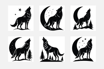 Contemporary minimal wolf silhouette on white background artwork set collection
