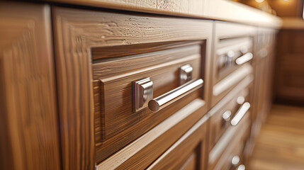 Obraz premium Close-up of an open drawer revealing detailed woodwork and modern design in a home kitchen 
