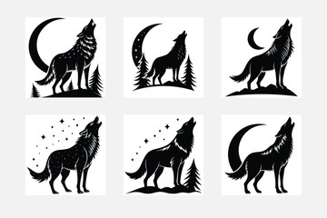 Artistic minimal wolf silhouette on white background artwork set for modern decor

