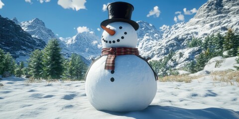 Fototapeta premium Charming Snowman in Scenic Mountainous Winter Landscape