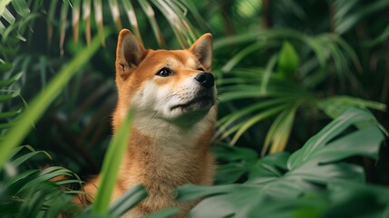 Obraz premium A Shiba Inu with an abstract jungle background, lush greens and vibrant foliage, creating a wild and exotic atmosphere, hd quality, natural look. --ar 16:9 --v 6.0 --s 250 --style raw