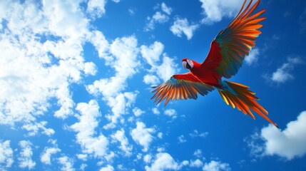 Fototapeta premium flying macaw parrot under blue sky and bright sun